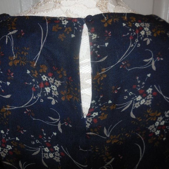 Blouse NWT SMALL Floral Chiffon Navy Blue ruffled sleeve tunic top careerwear - Picture 5 of 9